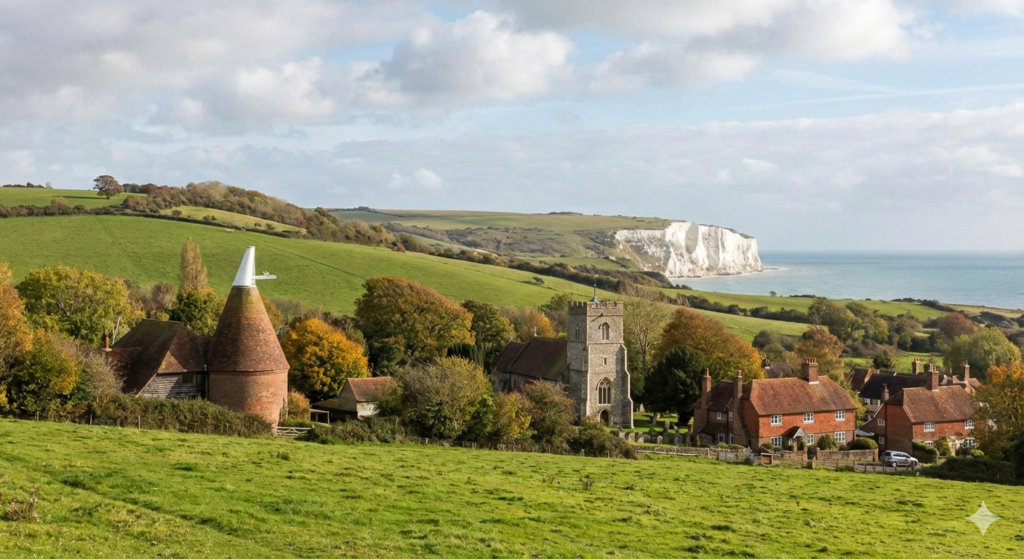 Kent’s Dover coastline with sandy beach, white cliffs and green countryside